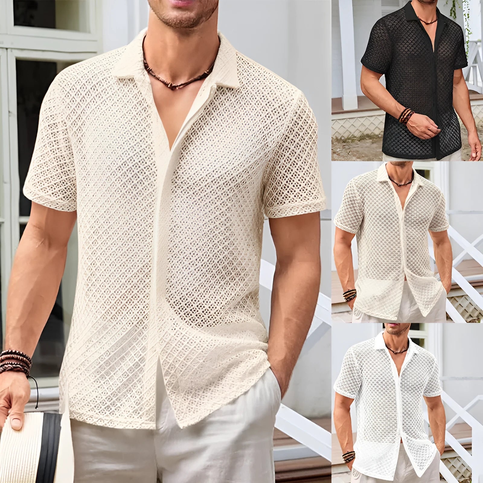 Men's short sleeve lapel shirt in cotton blend mesh fabric for summer casual wear