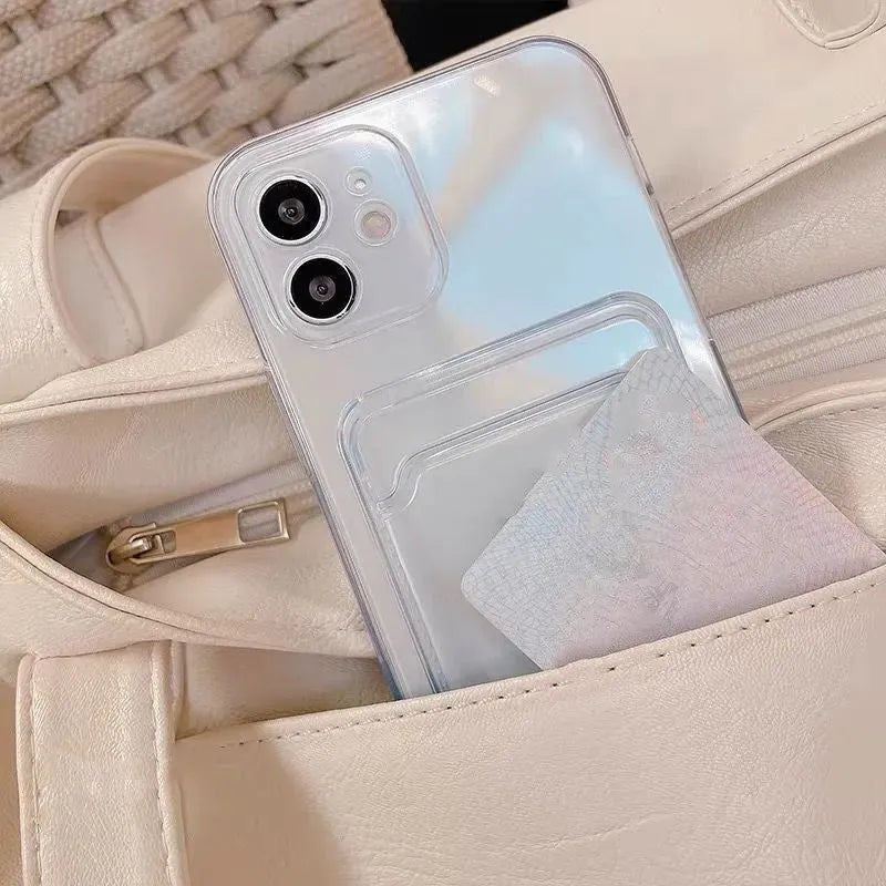 Clear transparent PVC phone case for iPhone with card slots on the back.