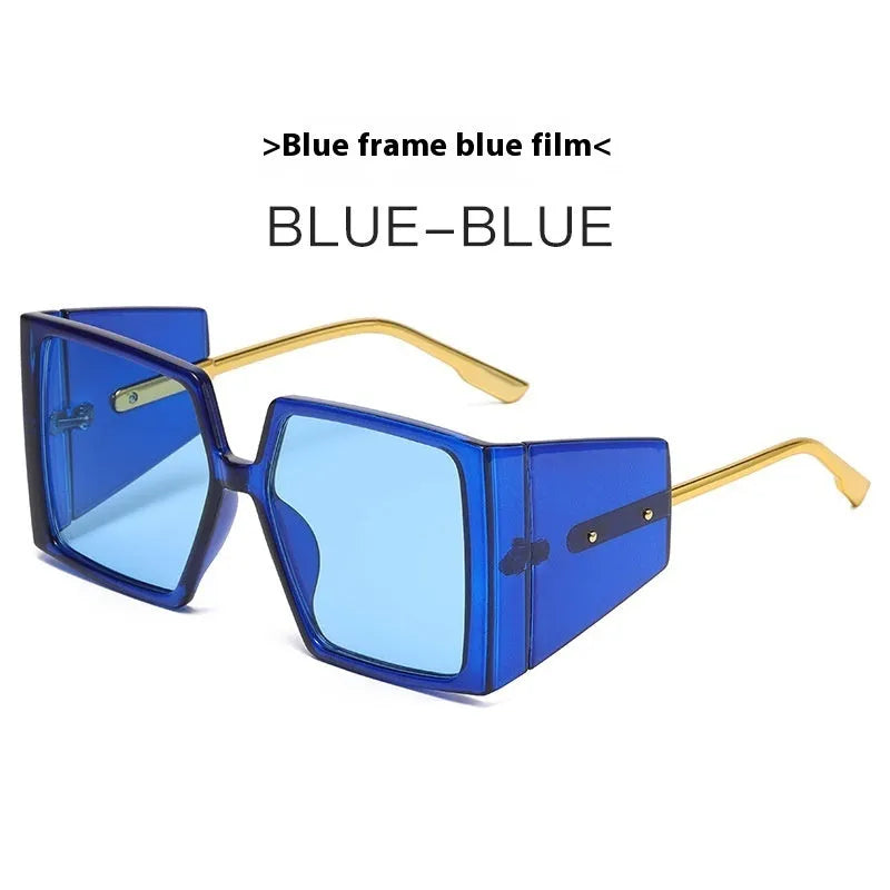 Large square frame sunglasses showing multiple colour variants including black, orange, and champagne frames