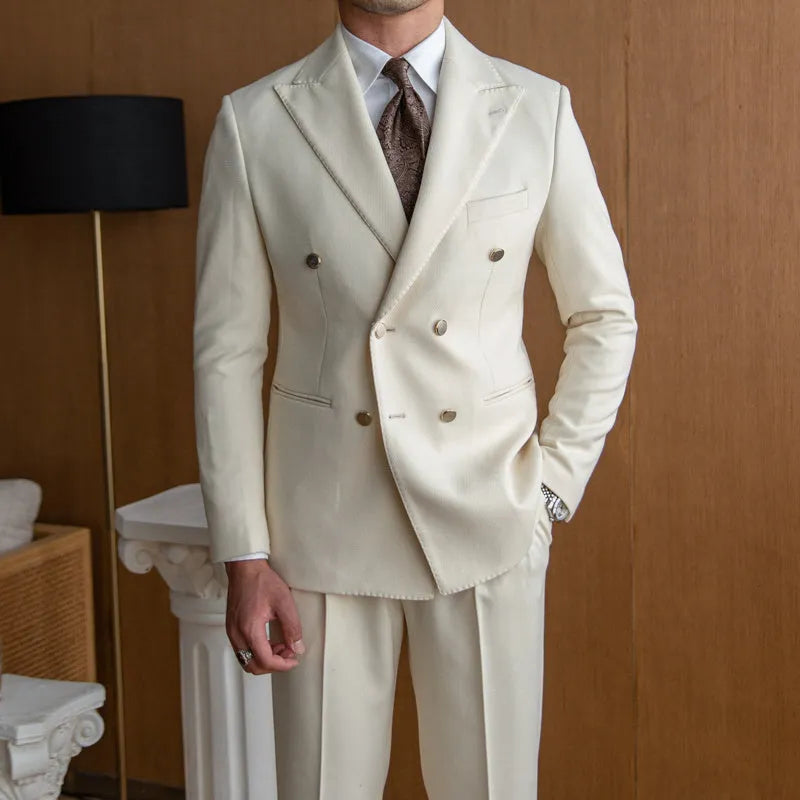 Men's slim double breasted suit set in off-white with two-button front and long sleeves, shown on hanger