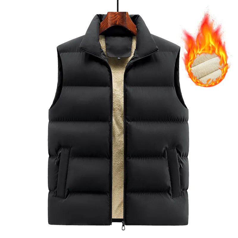 Men's striped lambswool vest in black, dark blue, or red, shown as a winter layering waistcoat.