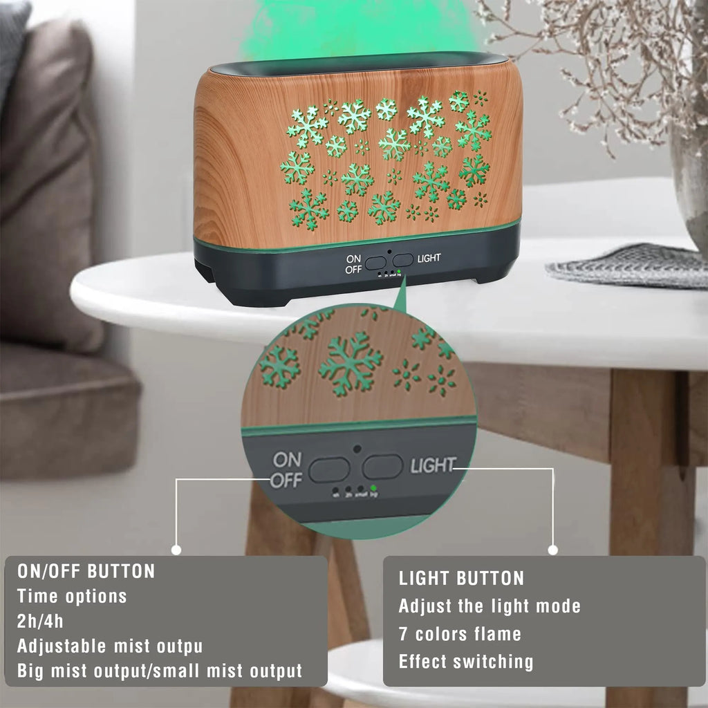 Christmas snowflake pattern humidifier with colourful flame effects and remote control