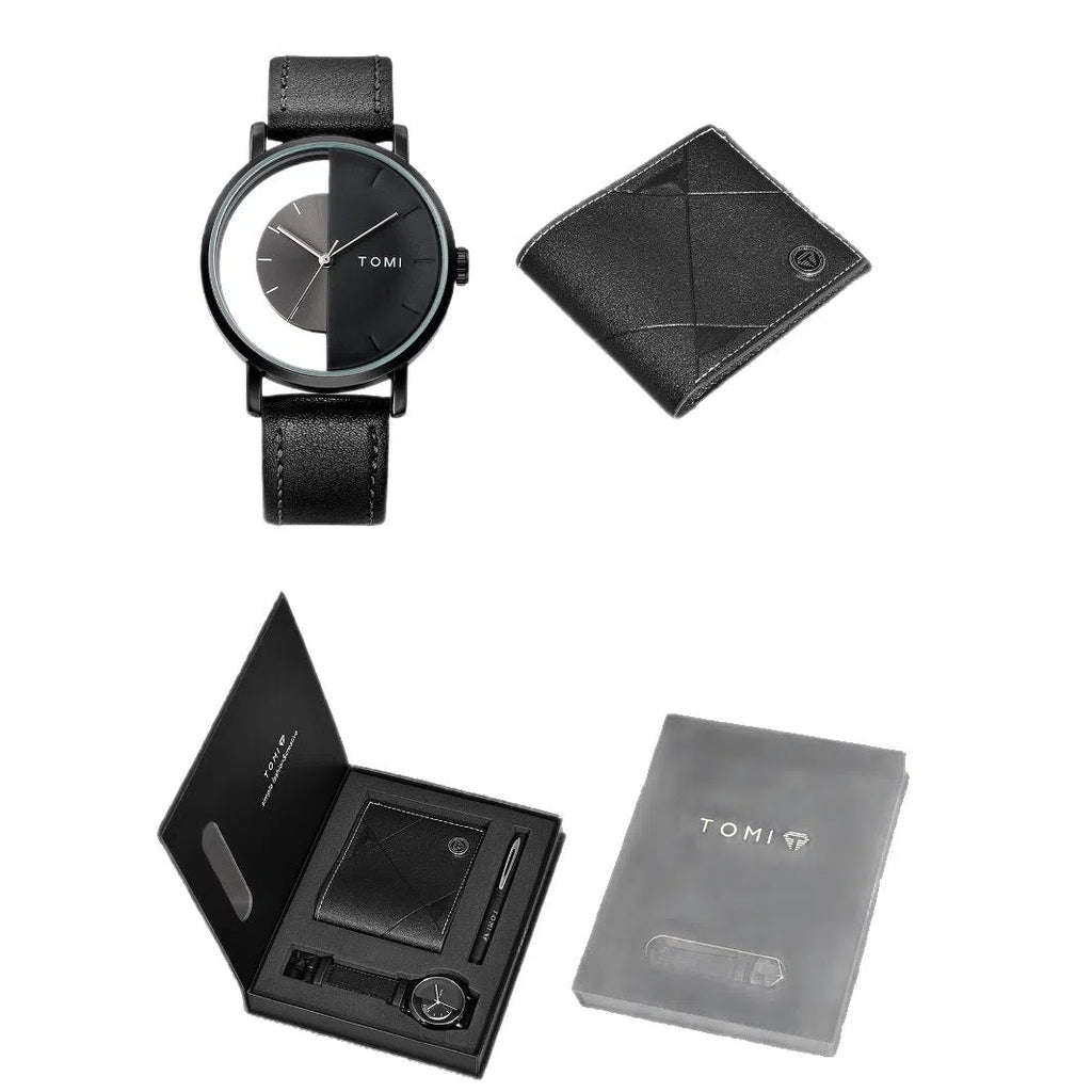 Men's business wallet quartz watch set with signature pen in set box showing black belt option