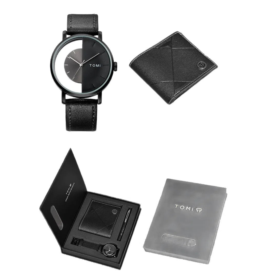 Men's business wallet quartz watch set with signature pen in set box showing black belt option