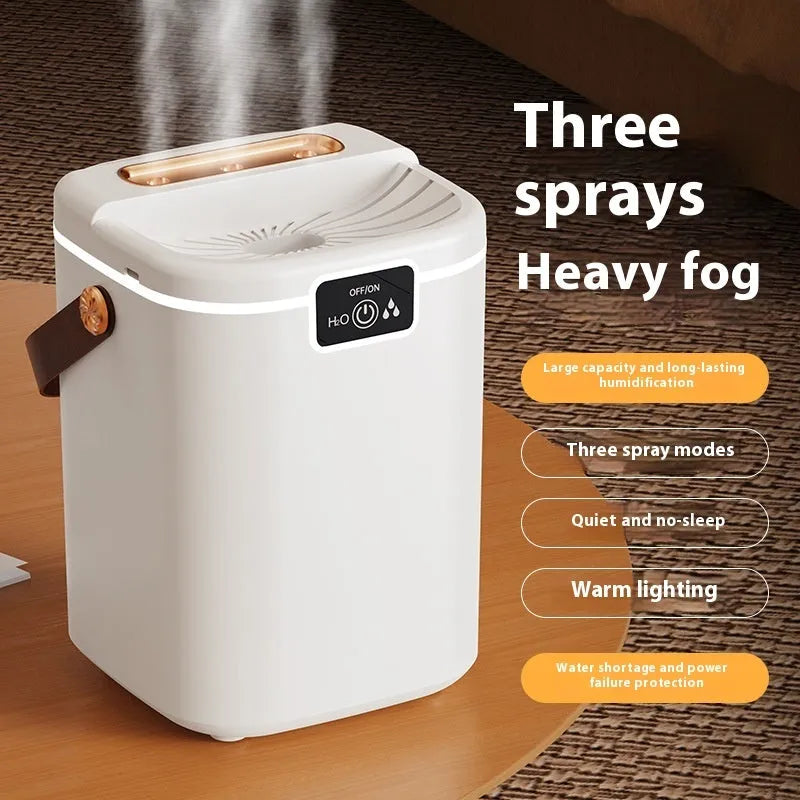 USB humidifier in white with square plastic body, multiple fog outlets, and ambience light