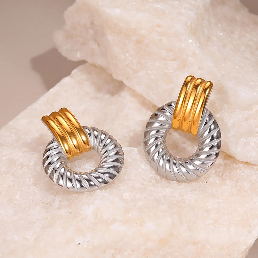 Stainless steel geometric earrings for women with 18K gold and silver colour matching round ring line design