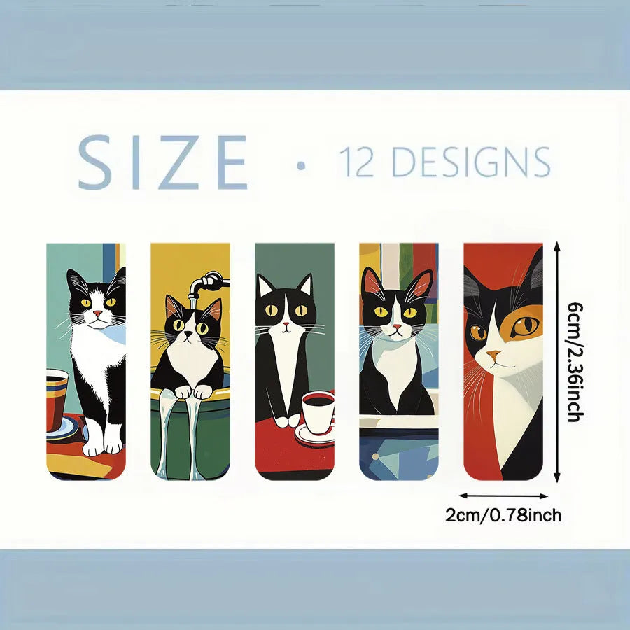 Set of 5 magnetic bookmarks with simple cute cat design in homemade style, displaying cartoon cat faces on colourful backing