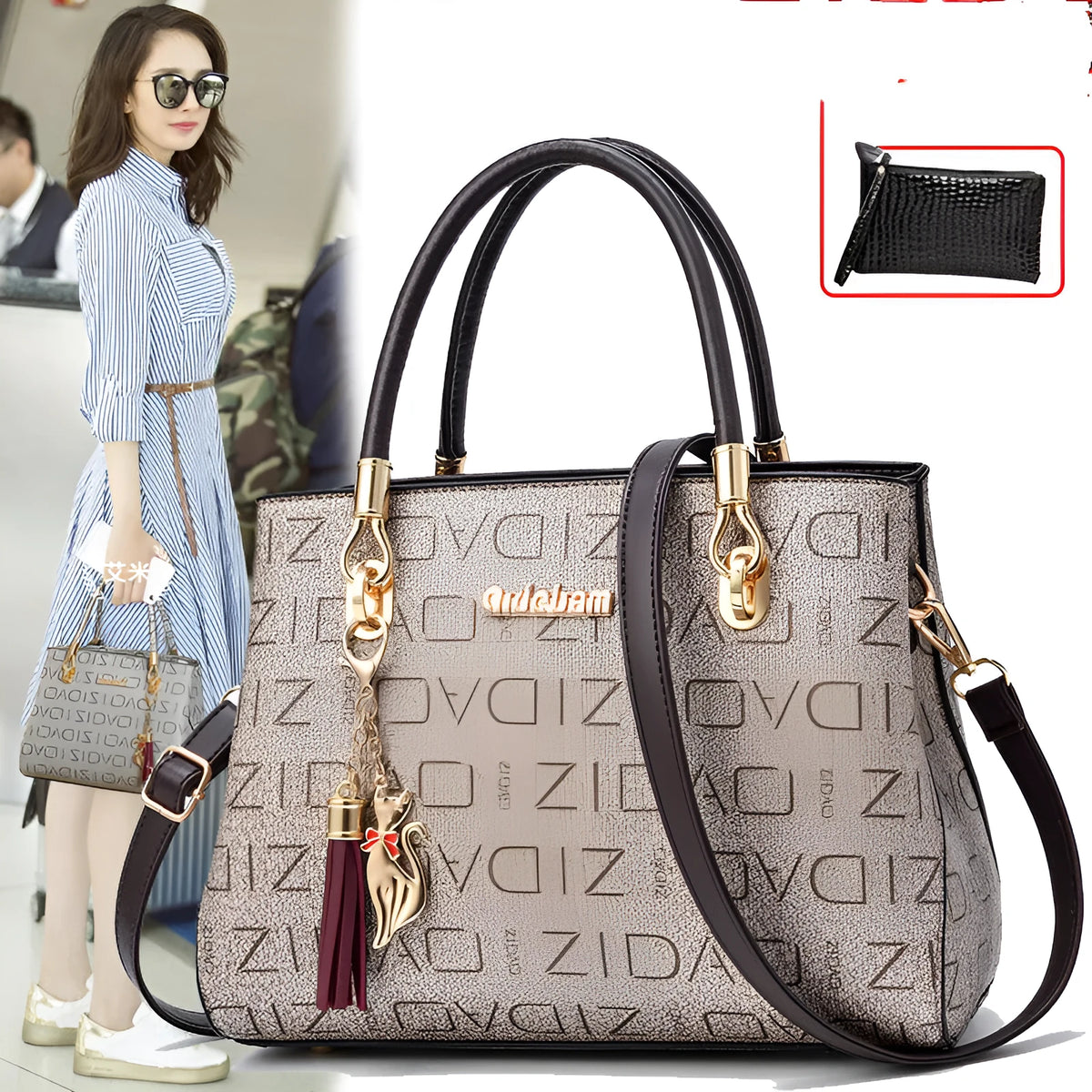 Printed PU ladies handbag with zip closure, horizontal square shape and single shoulder strap in khaki print.