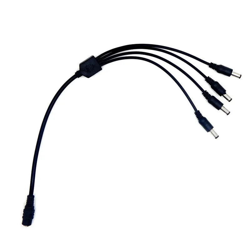 Black DC monitoring power cord with one-in-four interface and 5.5mm connectors for security systems