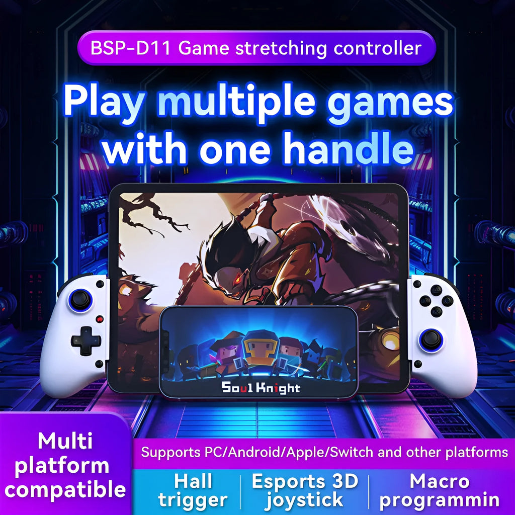 Wireless Bluetooth gaming controller with stretch handle for phones 143-260mm, Hall trigger, Type-C, Black or White