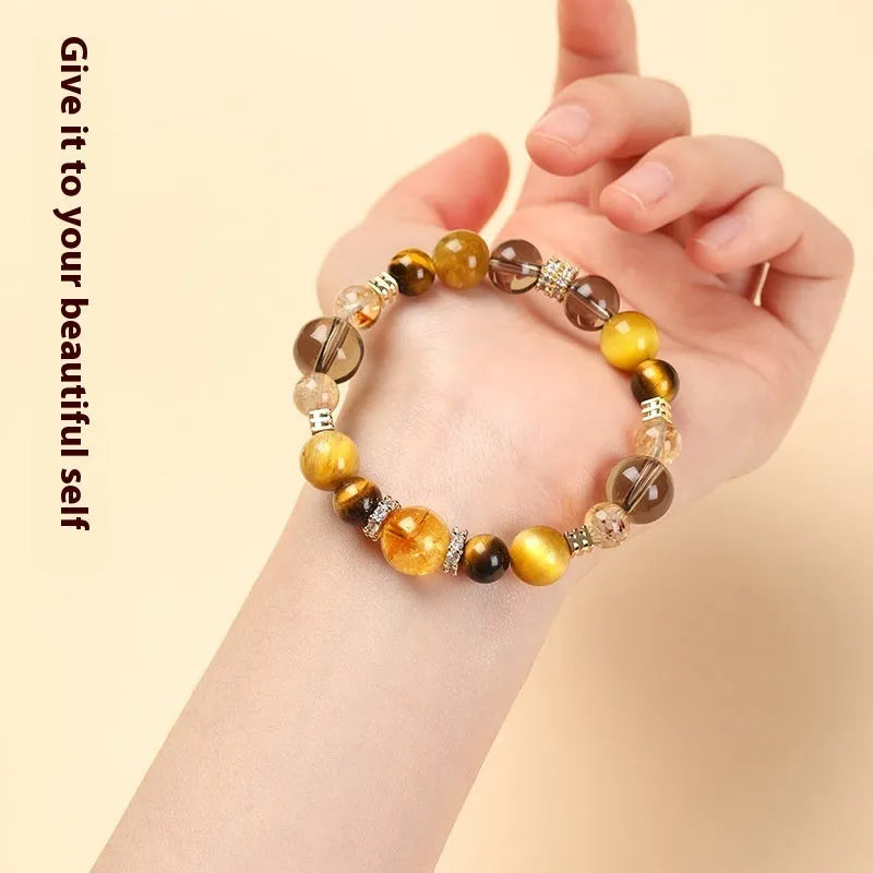 10mm natural yellow tower crystal tiger-eye bracelet with lucky K-boxing geometric pattern