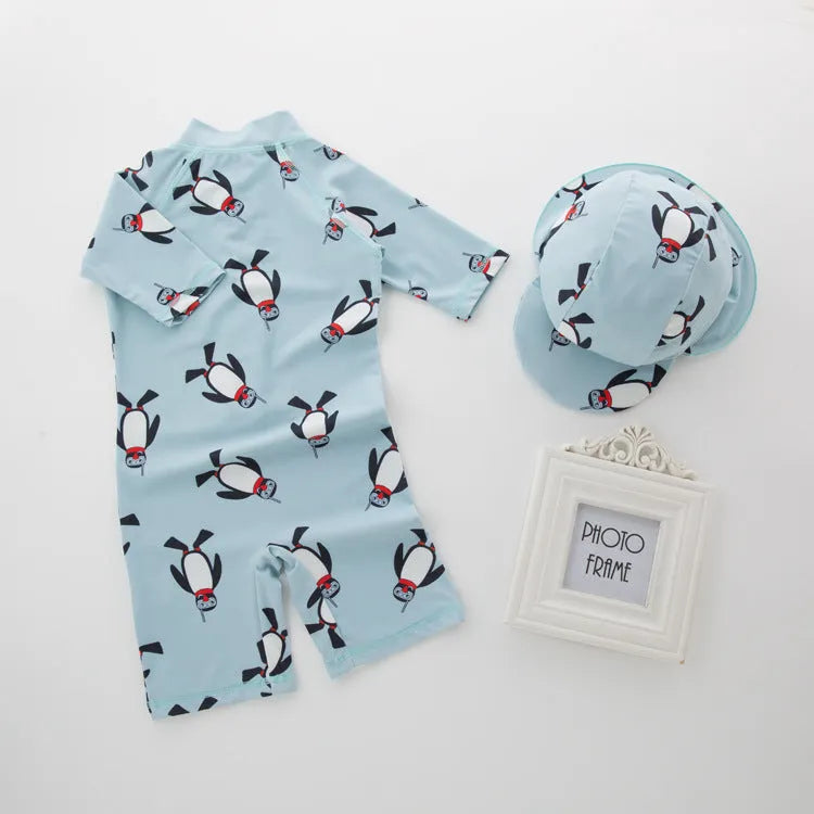 Boys' penguin print long sleeve swimsuit with matching swimming cap for sun protection
