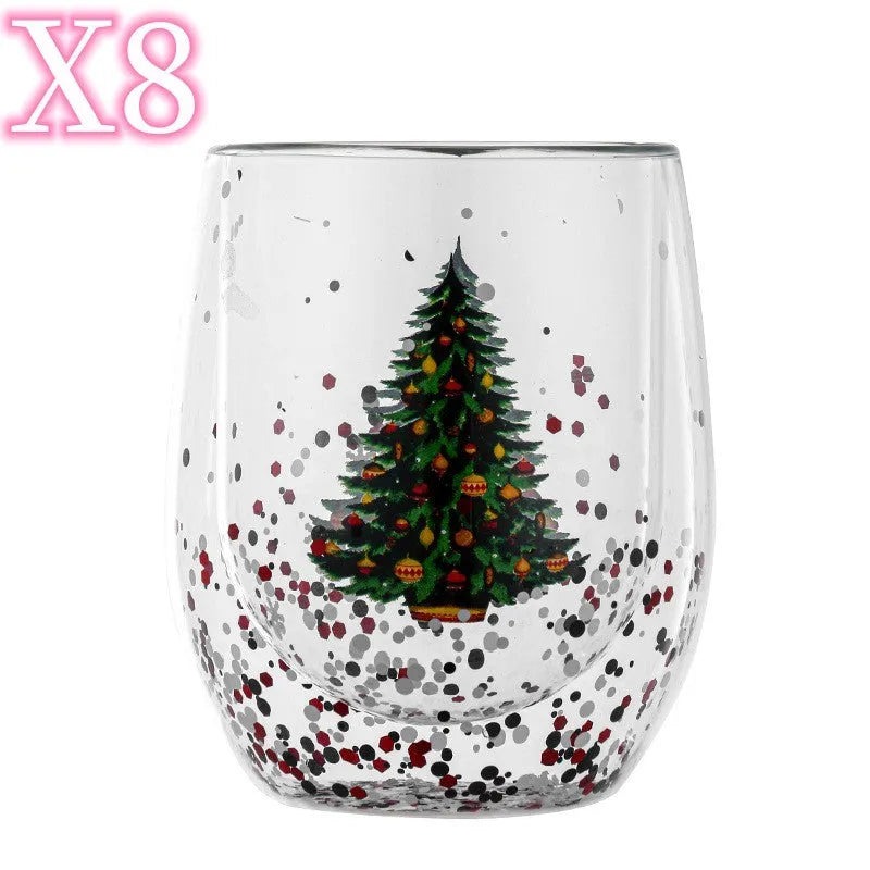 Double-layer borosilicate glass coffee cup with flowing sequins, Christmas tree design, 301-400ml capacity