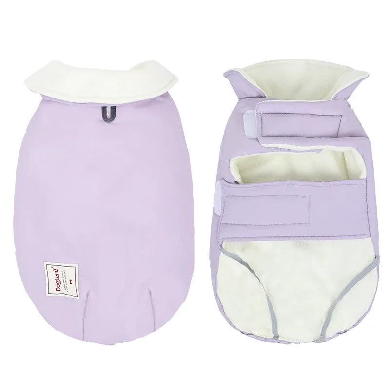 Dog wearing lapel turtleneck cotton-padded winter vest in khaki green colour