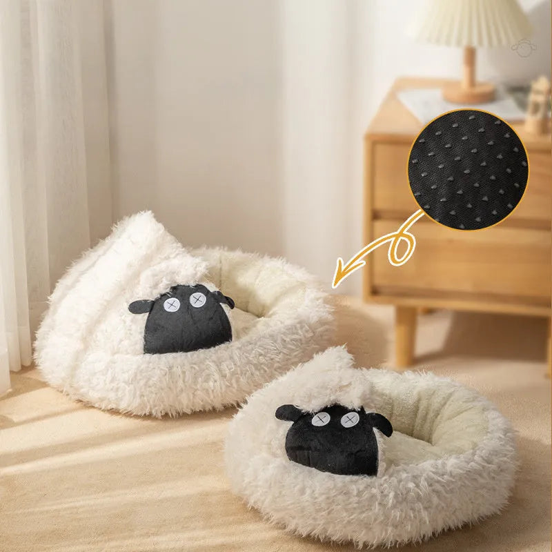 Lamb shape cave cat bed, winter warm enclosed semi-enclosed round bed, sizes S 45x45x13cm and M 53x53x13cm