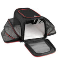 600D cation fabric cat carrier bag in black with red piping, showing medium-soft construction and large capacity design