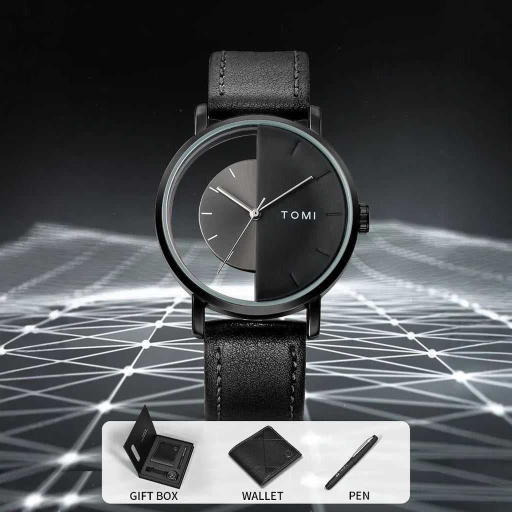 Men's business wallet quartz watch set with signature pen in set box showing black belt option