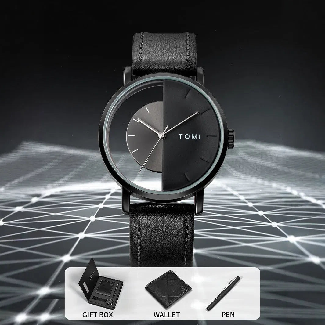 Men's business wallet quartz watch set with signature pen in set box showing black belt option