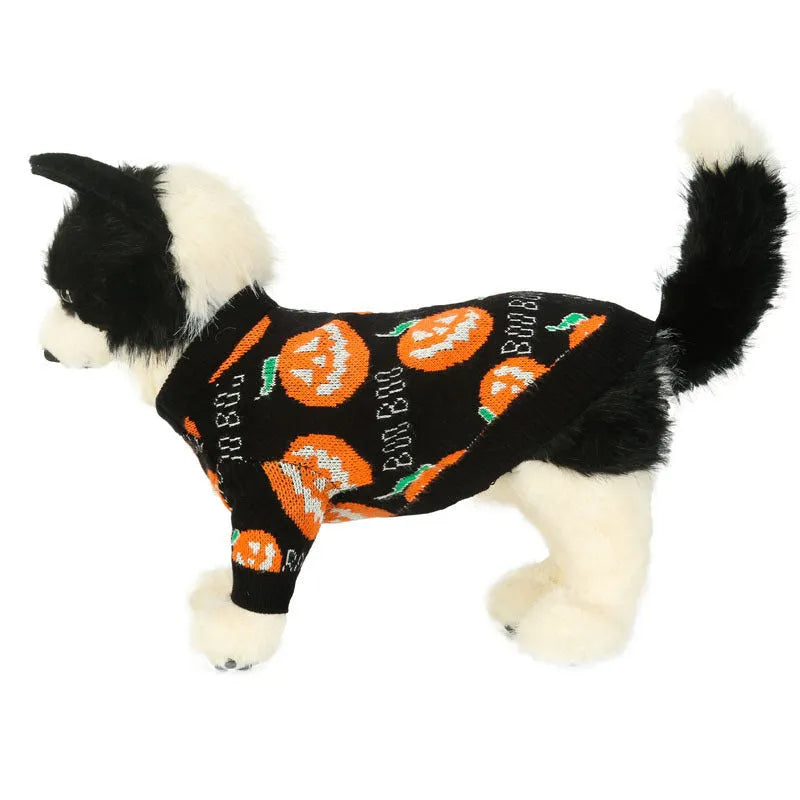 Black Halloween dog sweater with orange pumpkin pattern design for pet costumes