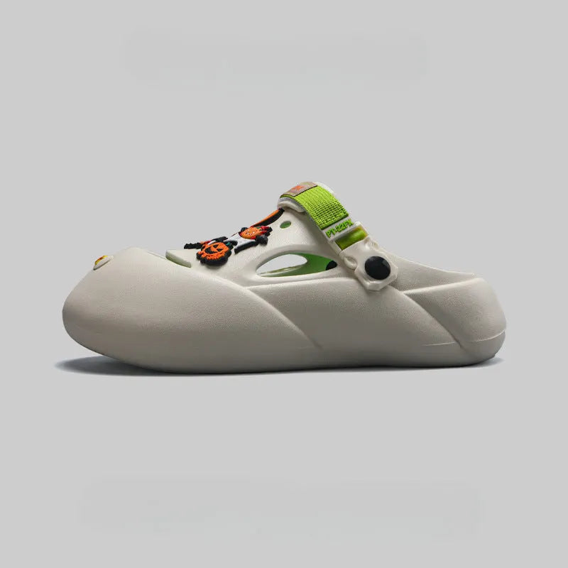 Men's grey beach shoes with open-hole design and covered toe protection on sandy surface