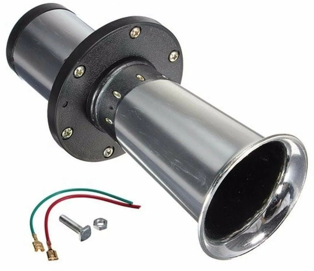 12v black automotive horn with silver housing for universal vehicle replacement