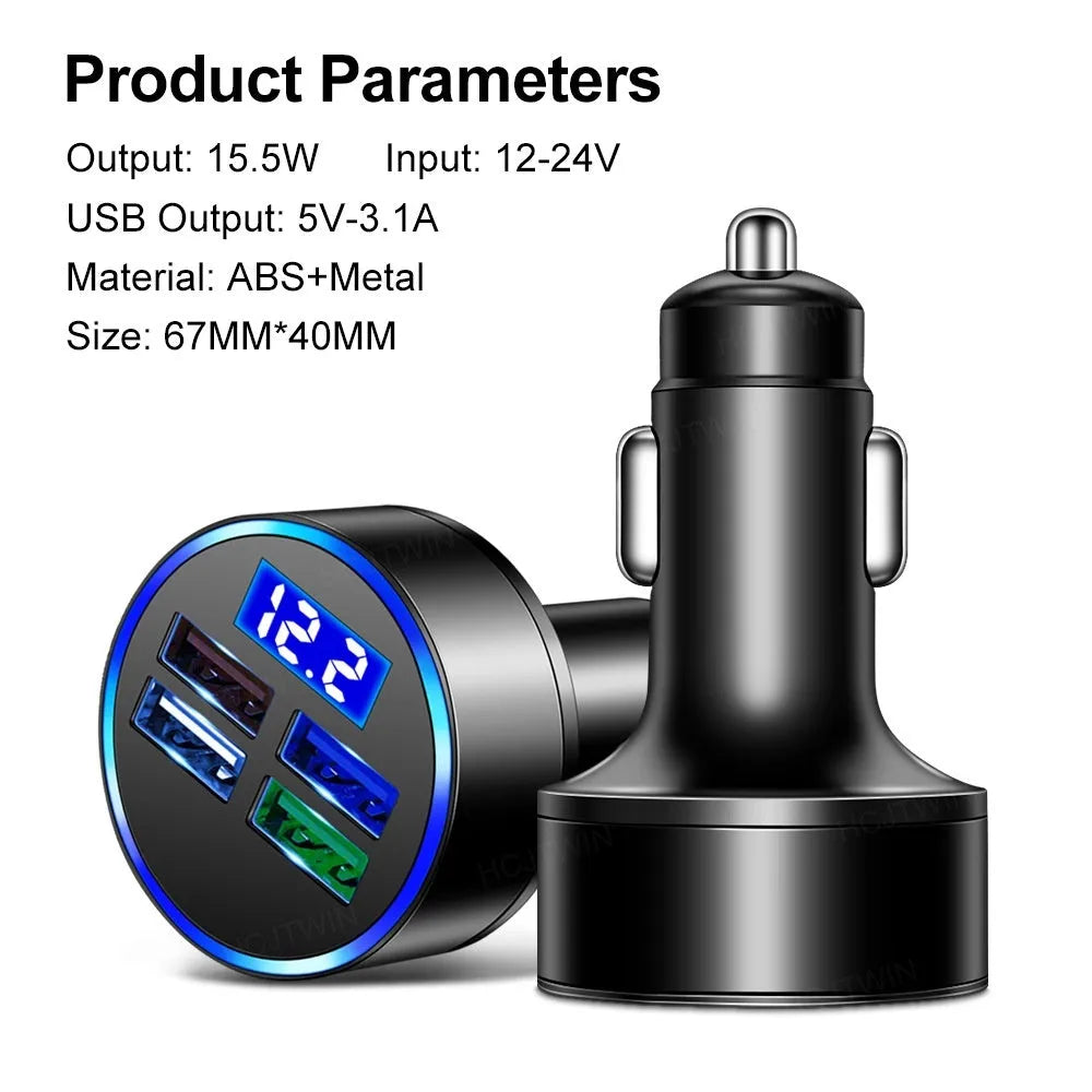 Black four-port USB car charger with cigarette lighter plug for 12V sockets.
