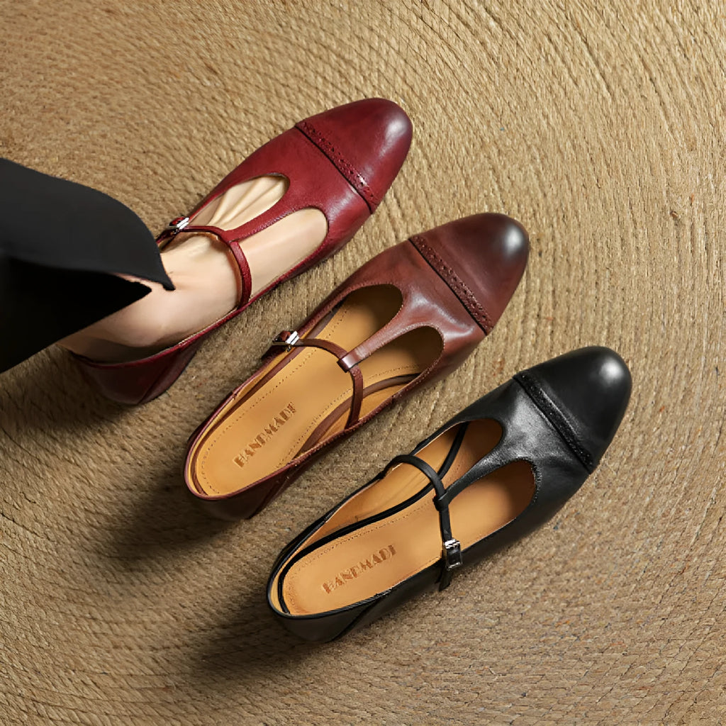 Women's T-shaped buckle cowhide round toe flats in brown with wedge heel and pigskin leather lining