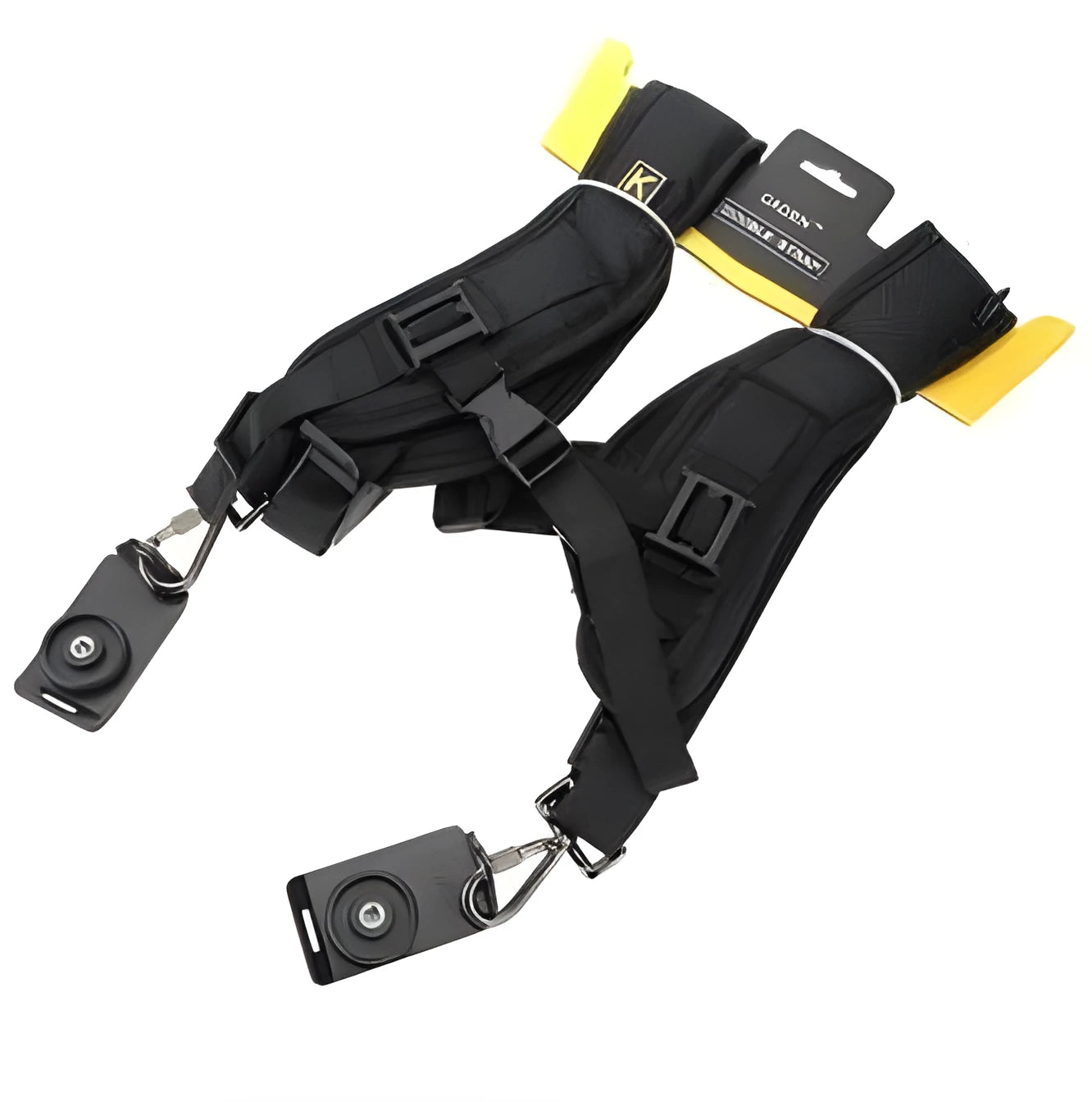 Black professional dual shoulder strap for carrying two SLR cameras simultaneously.
