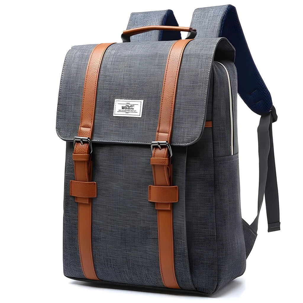 Canvas computer backpack in nylon waterproof cloth with 40x29x12cm dimensions, front view, black colour option, lightweight sports fashion design.