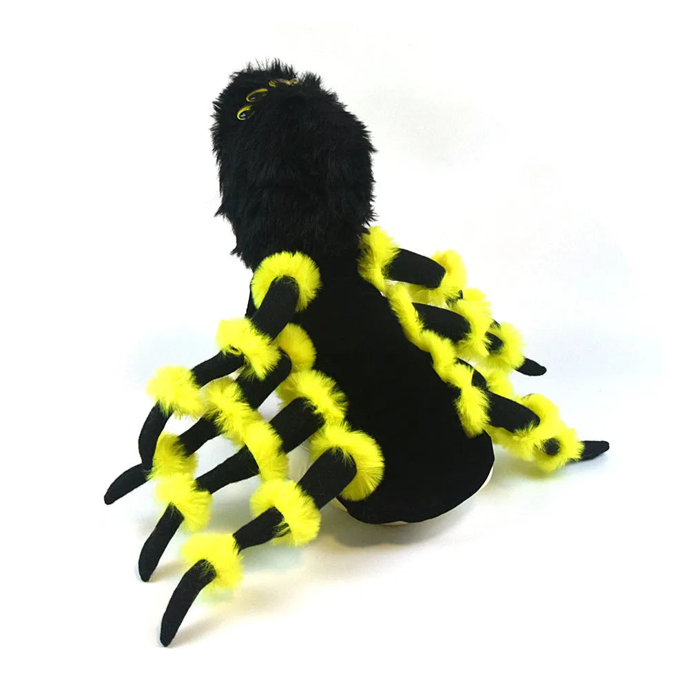 Spider-themed polyester pet costume for Halloween in sizes S to XXL on a pet