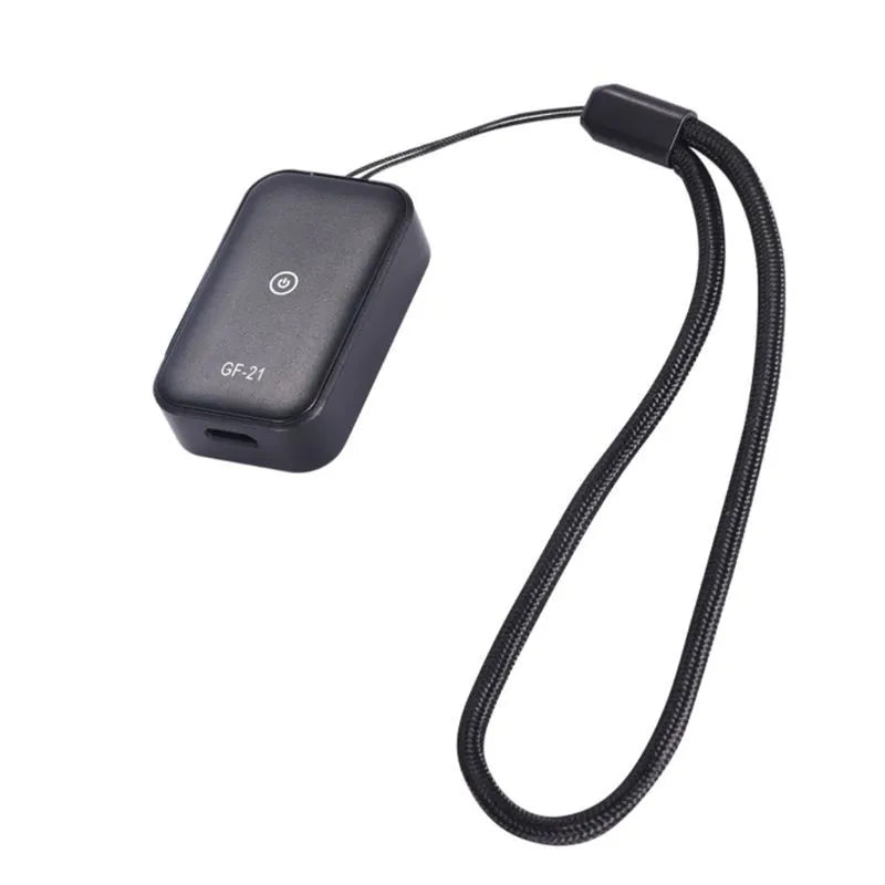 Black GF21GPS child tracker GPS locator on table showing compact plastic design