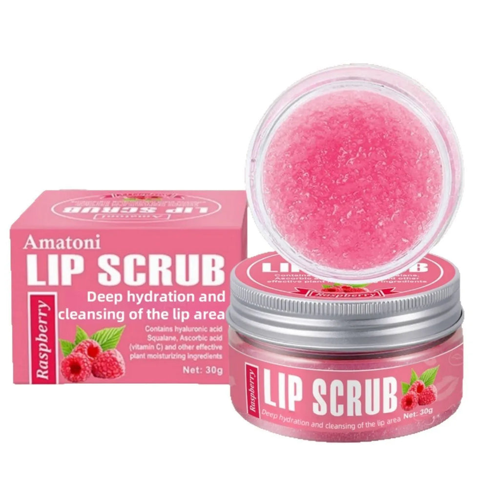 Amatoni Lip Scrub pot in coconut, raspberry, vanilla, or watermelon flavour, 30g.
