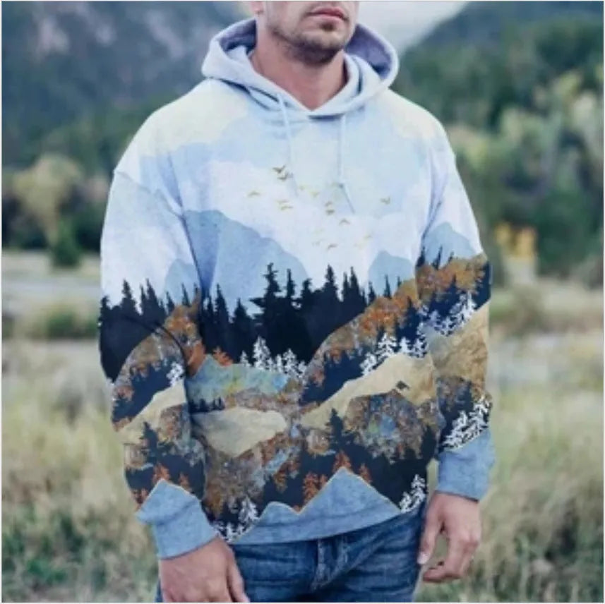 Men's printed polyester fleece hoodie in grey or light blue, Asian sizes S-XXL, casual leisure wear