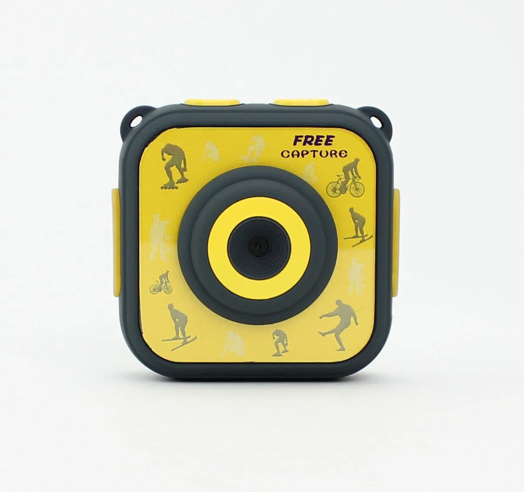 Yellow children's waterproof sports camera showing front view with lens and LCD screen
