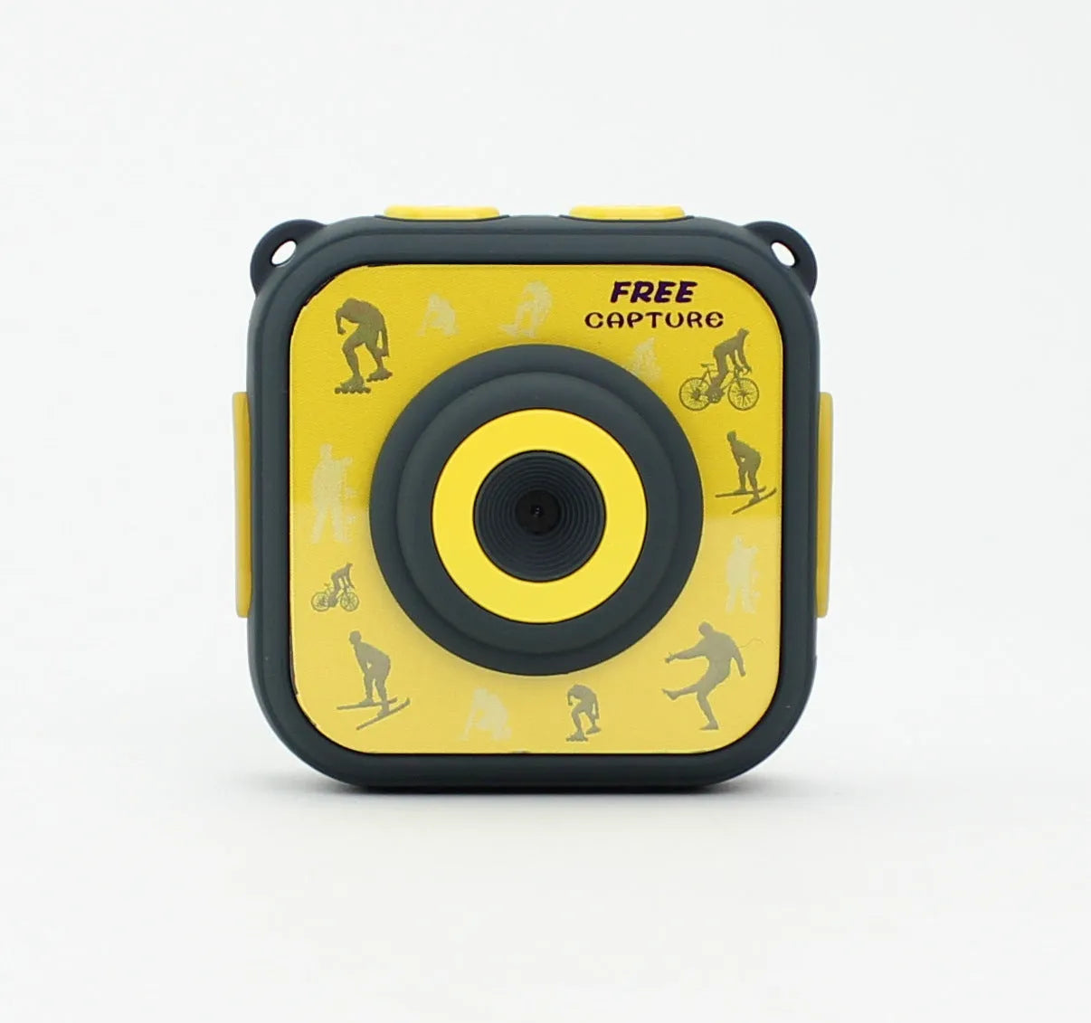 Yellow children's waterproof sports camera showing front view with lens and LCD screen
