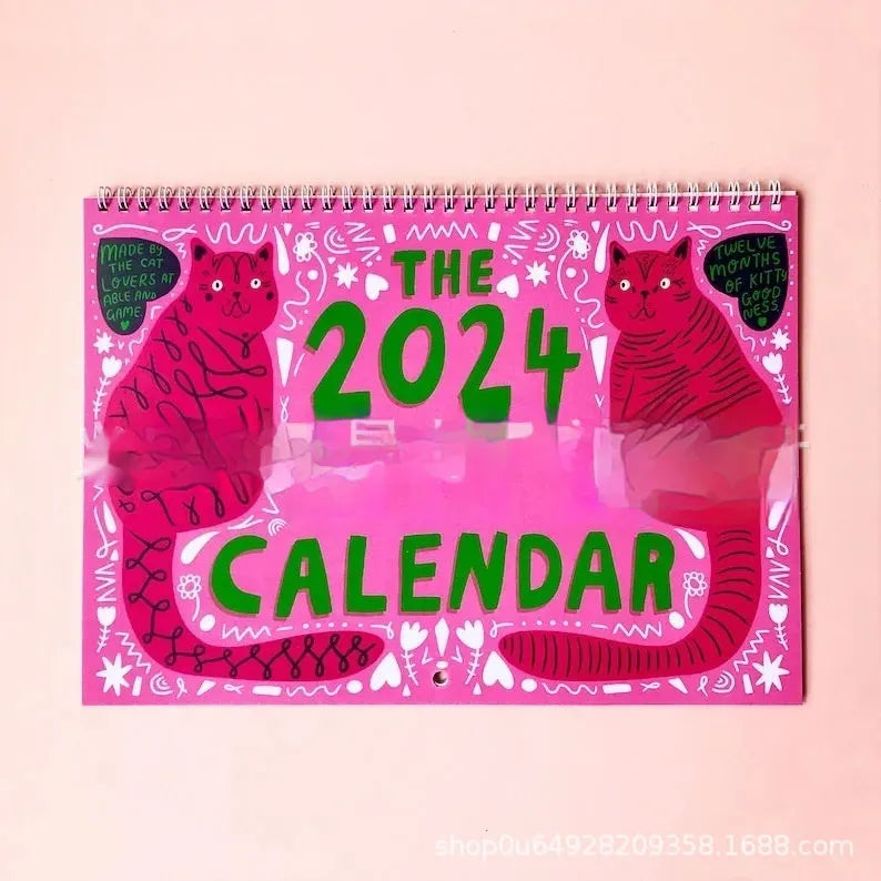 A4 paper wall calendar with cat-themed artwork for monthly planning, available for 2024 or 2025.