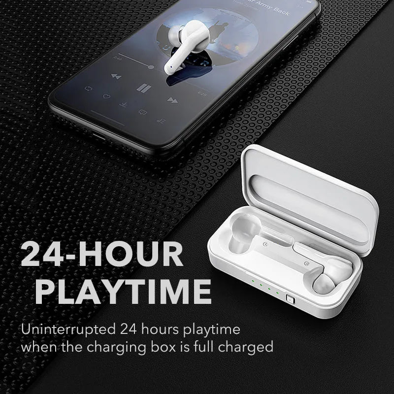 Black and white TWS true wireless earbuds with Bluetooth 5.0 and IPX5 waterproof rating