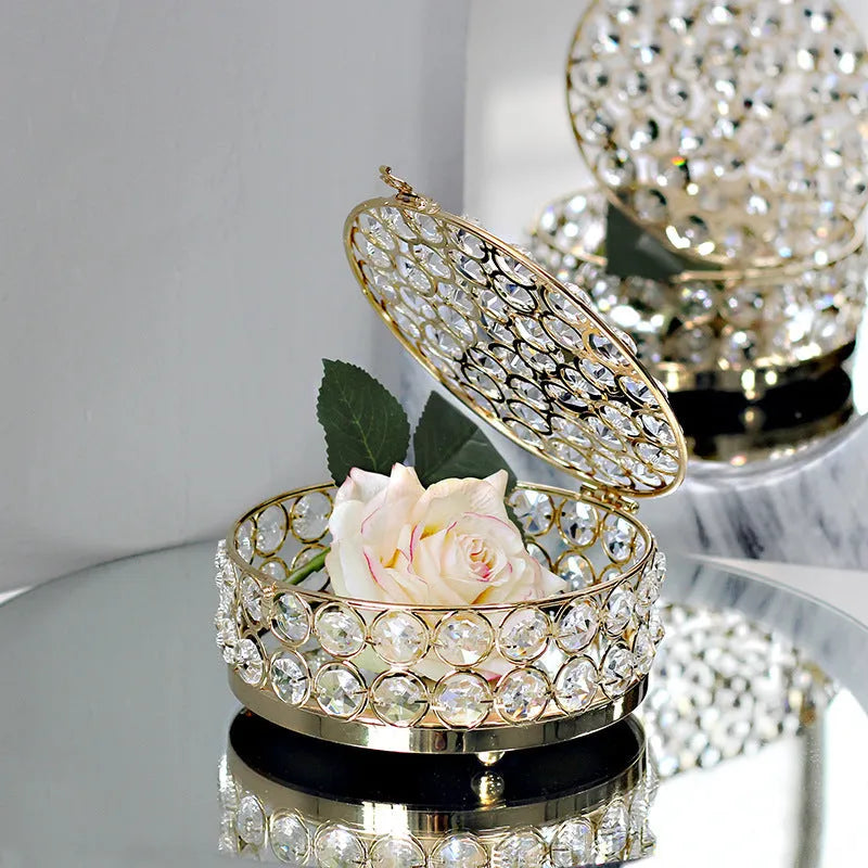 French gold European style jewelry box with crystal glass transparent lid showing contents