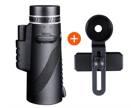 Black 40x60 smartphone monocular telescope with mounting adapter on a phone for HD observation.