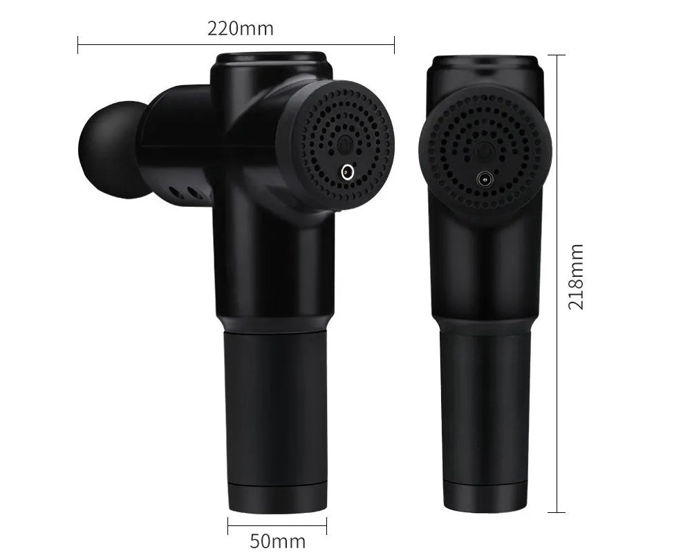 Black rechargeable percussion massage gun with 2000mAh battery and variable speed 1200-3300 rpm