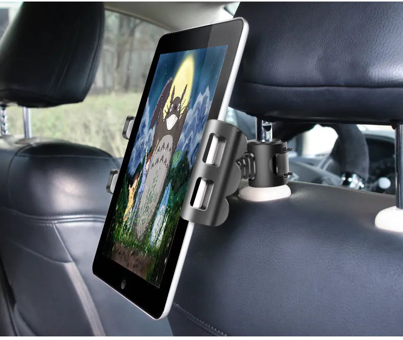 Black universal car headrest tablet holder mounted on a seat, showing 360-degree rotation and extended arm.