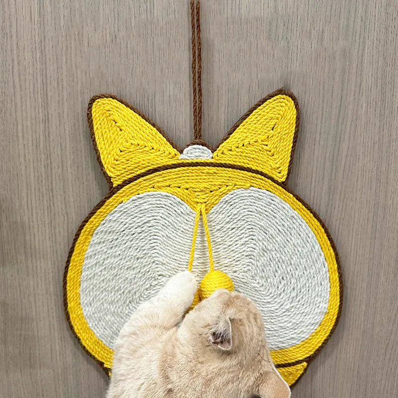 Yellow cat scratching pad with Corgi dog butt design, made from sisal with a grey anti-slip base.