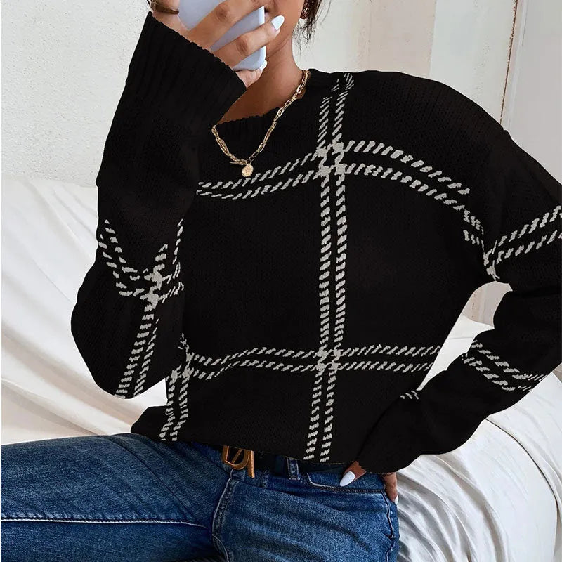 Women's plaid colour-block acrylic crew neck sweater in loose fit style
