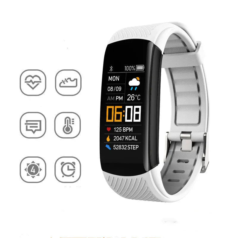 Adult sports silicone pedometer bracelet in multiple colours on wrist, showing 0.96-inch touchscreen display.