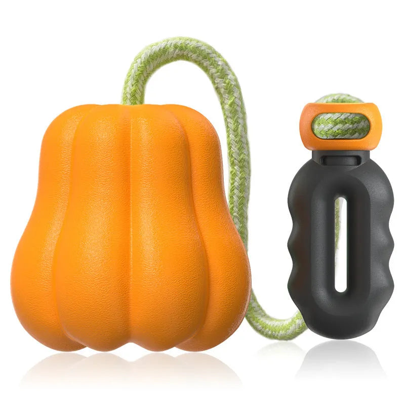 Orange pumpkin design plastic dog toy with rope attachment for long throws