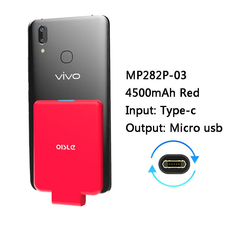 Slim 4500mAh back clip power bank in black, white, blue, pink, or red for iPhone Android Type-C charging