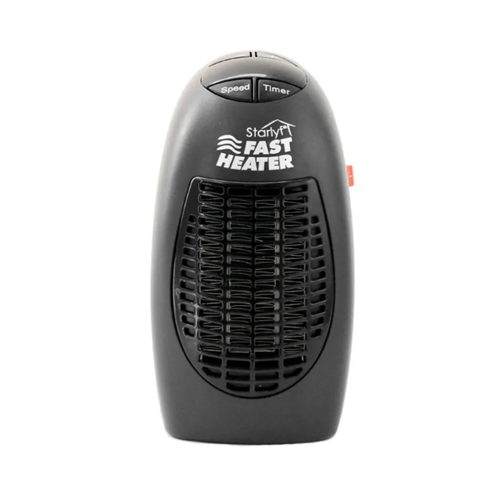 Black compact mini electric heater with digital display and a rotating three-prong plug.