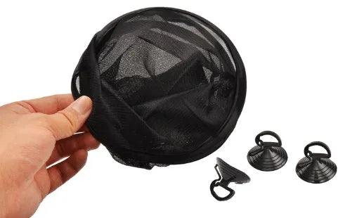 Black net yarn car sunshade sunscreen folded on car dashboard for glare reduction