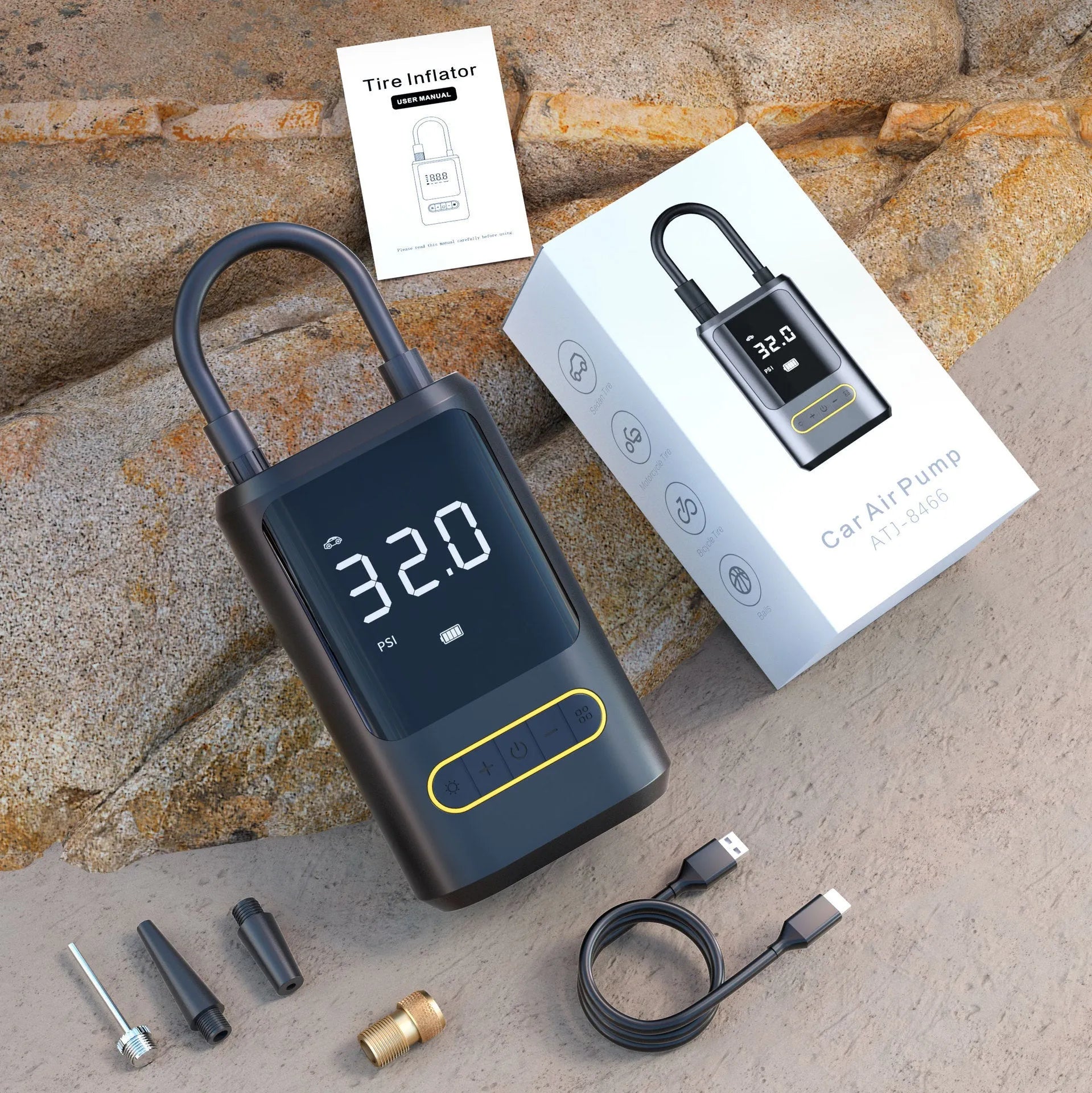 Handheld digital display wireless car tyre inflator with LED light showing pressure reading