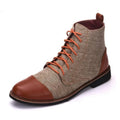 Men's leather motorcycle boots with metal buckle detailing and height-increasing rubber soles in multiple colours.